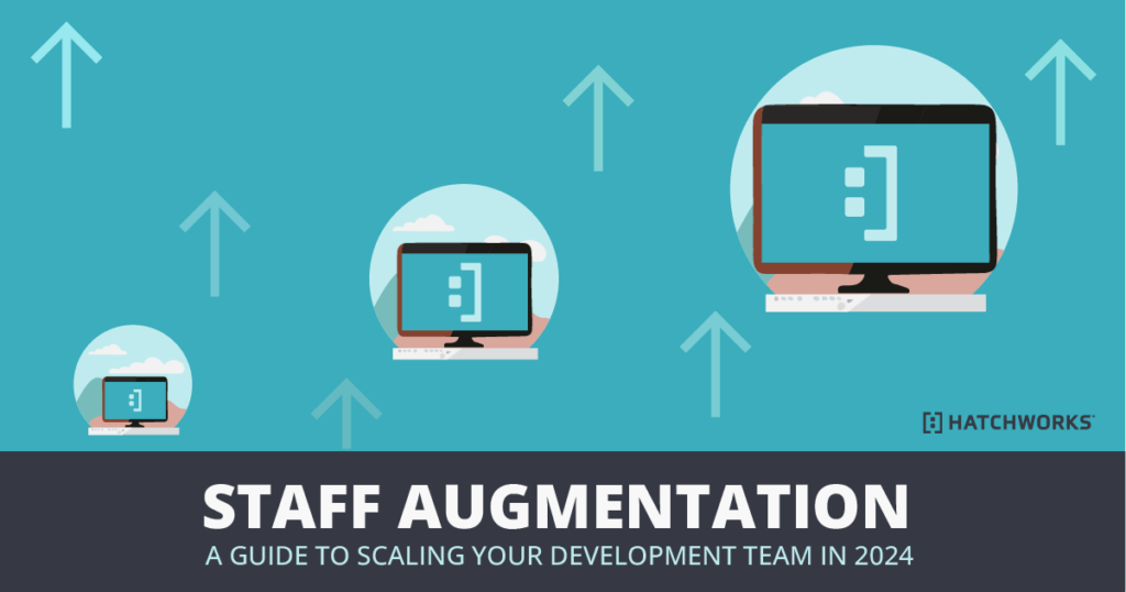 Graphic titled "Staff Augmentation - A Guide to Scaling Your Development Team in 2024" with upward arrows and computer images.