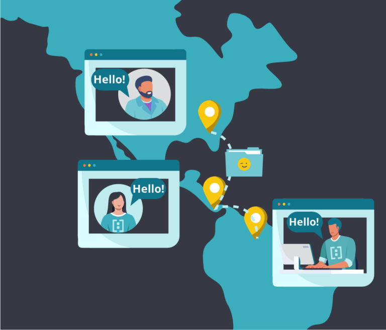 Illustration showing three people in separate windows saying "Hello" with location pins and a smiley face icon, indicating global online interaction.